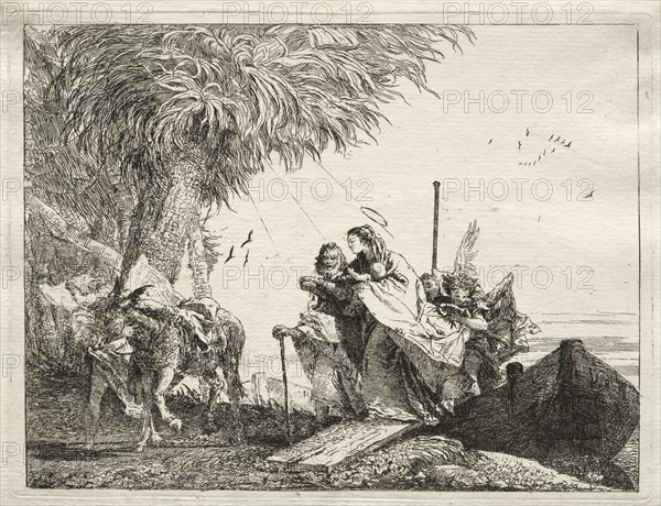 Flight into Egypt:  The Holy Family, Disembarking. Giovanni Domenico Tiepolo (Italian, 1727-1804). Etching