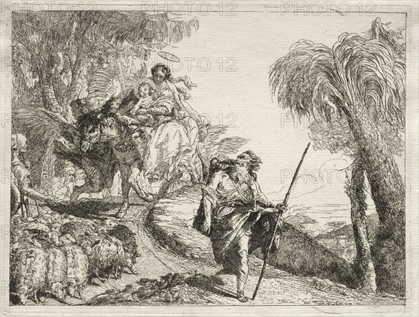 Flight into Egypt:  The Holy Family and the Flock of Sheep. Giovanni Domenico Tiepolo (Italian, 1727-1804). Etching