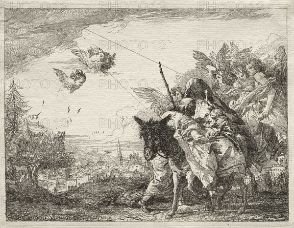 Flight into Egypt:  Joseph Pausing to Gaze at the Infant Christ. Giovanni Domenico Tiepolo (Italian, 1727-1804). Etching