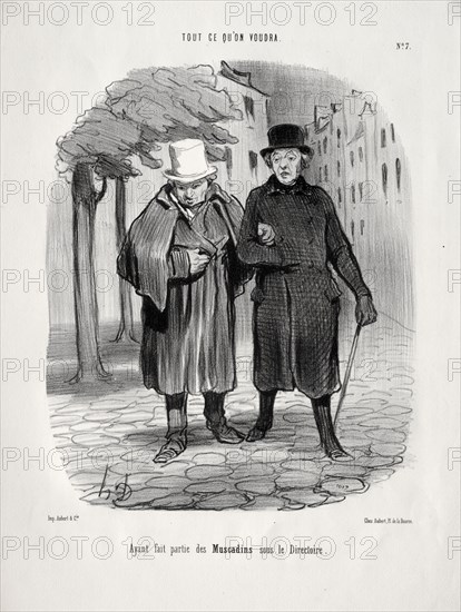 published in le Charivari (13 June 1847): What you will, plate 7: Having taken the part of dandies under the Directory, 1847. Honoré Daumier (French, 1808-1879). Lithograph; sheet: 35.9 x 27.5 cm (14 1/8 x 10 13/16 in.)