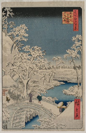 Picture of Twilight at the Drum Bridge in Meguro (from the series 100 Views of Famous Places in Edo), 1857. Ando Hiroshige (Japanese, 1797-1858). Color woodblock print; sheet: 23.2 x 36.1 cm (9 1/8 x 14 3/16 in.).