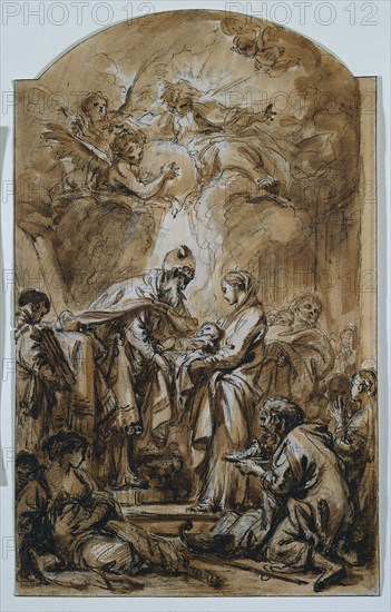 The Presentation in the Temple, c. 1770. François Boucher (French, 1703-1770). Pen and brown ink, brush and brown wash, and black chalk, heightened with white paint, framing lines in brown ink; sheet: 32.3 x 20 cm (12 11/16 x 7 7/8 in.); framed: 66 x 50.9 x 6.4 cm (26 x 20 1/16 x 2 1/2 in.).