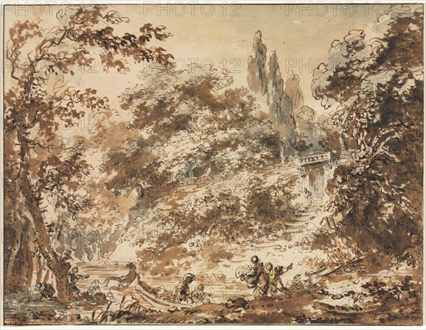 Scene in a Park, c. 1760. Jean-Honoré Fragonard (French, 1732-1806). Pen and brown and gray ink, brush and brown and gray wash, and traces of yellow watercolor over black chalk; framing lines in black ink; sheet: 19.2 x 25 cm (7 9/16 x 9 13/16 in.); secondary support: 19.2 x 25 cm (7 9/16 x 9 13/16 in.).