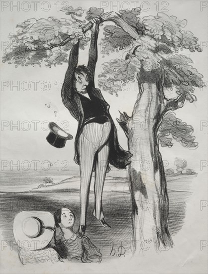 published in le Charivari (no du 29 mai 1845): Pastorales, plate 2: The Hazards of shaking a plum tree too vigorously (when one is a grown man), 1845. Honoré Daumier (French, 1808-1879). Lithograph; sheet: 35.6 x 27.3 cm (14 x 10 3/4 in.)