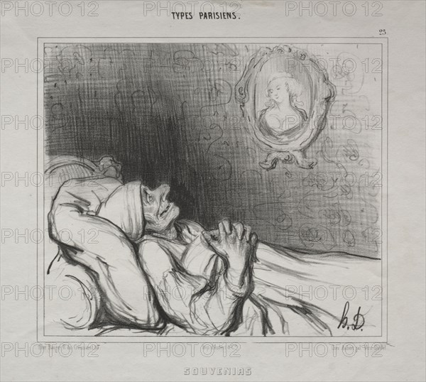 published in la Caricature, 2e série (no. du 10 mai 1840): Parisian Types:  Memories, 10 May 1840. Honoré Daumier (French, 1808-1879), Aubert. Lithograph; sheet: 25.5 x 34.7 cm (10 1/16 x 13 11/16 in.); image: 18.6 x 21.5 cm (7 5/16 x 8 7/16 in.)