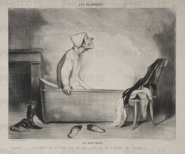published in le Charivari (no du 28 octobre 1839): The Bathers, plate 12:The Hot Bath, 28 October 1839. Honoré Daumier (French, 1808-1879), Aubert. Lithograph; sheet: 27.5 x 35.8 cm (10 13/16 x 14 1/8 in.); image: 21.3 x 27.2 cm (8 3/8 x 10 11/16 in.).