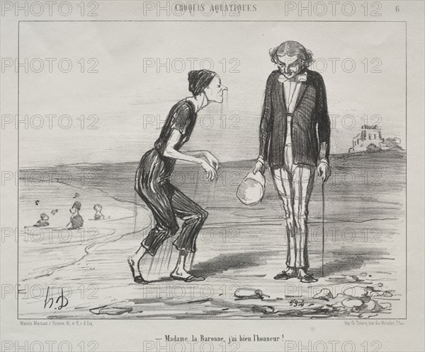published in le Charivari (no du 15 août 1853): Aquatic Sketches, plate 8: Madame la Baronne, it is my honor..., 1853. Honoré Daumier (French, 1808-1879), Ch. Trinocq. Lithograph; sheet: 27.9 x 36.2 cm (11 x 14 1/4 in.); image: 20.8 x 27 cm (8 3/16 x 10 5/8 in.)