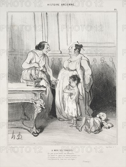 published in le Charivari (no. du 23 décembre 1842): Ancient History, plate 46: The Mother of the Gracchi, 1842. Honoré Daumier (French, 1808-1879), Aubert. Lithograph; sheet: 34.2 x 26.4 cm (13 7/16 x 10 3/8 in.); image: 24 x 19.8 cm (9 7/16 x 7 13/16 in.).