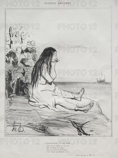 published in le Charivari (no du 4 Septembre 1842): Ancient History, plate 24: The Abandonment of Ariadne, 4 September 1842. Honoré Daumier (French, 1808-1879), Aubert. Lithograph; sheet: 34.3 x 26.7 cm (13 1/2 x 10 1/2 in.); image: 23.9 x 20 cm (9 7/16 x 7 7/8 in.).