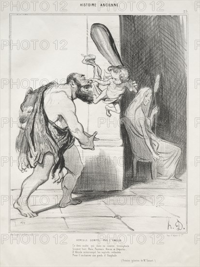 published in le Charivari (no du 18 septembre 1842): Ancient History, plate 25: Hercules Subdued by Cupid, 18 September 1842. Honoré Daumier (French, 1808-1879), Aubert. Lithograph; sheet: 33.3 x 26.4 cm (13 1/8 x 10 3/8 in.); image: 24.8 x 20.2 cm (9 3/4 x 7 15/16 in.)