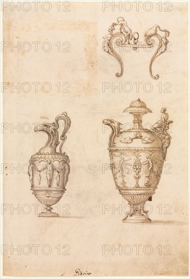 Design for Two Vases and an Ornament (recto), mid 1500s. Luzio Romano (Italian, active 1528-75). Pen and brown ink and brush and brown wash, with brush and gray wash (left vase), over black chalk; sheet: 31.6 x 21.6 cm (12 7/16 x 8 1/2 in.).
