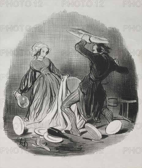 published in le Charivari (no du 6 juin 1841): Matrimonial Customs:  Ah!  you think your wife does not provide enough for you, villian..., 6 June 1841. Honoré Daumier (French, 1808-1879), Aubert. Lithograph; sheet: 36 x 27.7 cm (14 3/16 x 10 7/8 in.)