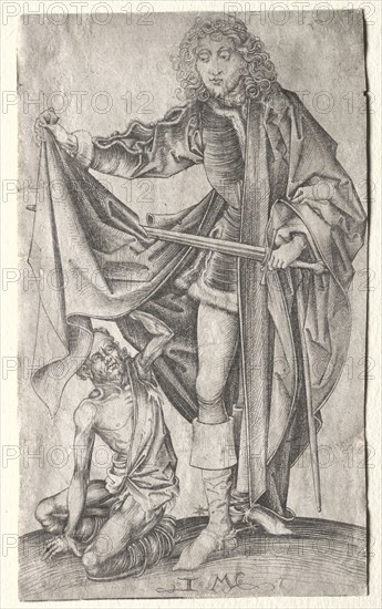 St. Martin Dividing His Cloak for a Beggar. Israhel van Meckenem (German, c. 1440-1503). Engraving