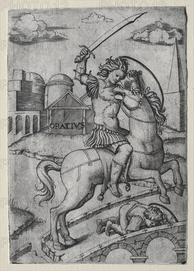 Horatius Cocles Defending the Sublician Bridge. Marcantonio Raimondi (Italian, 1470/82-1527/34). Engraving
