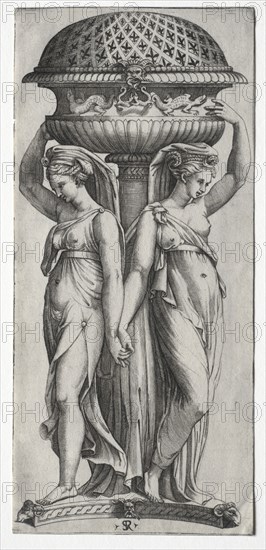 The Cassollette: Women Supporting an Urn, c. 1520-27. Marco Dente (Italian, c. 1486-1527), after Marcantonio Raimondi (Italian, 1470/82-1527/34). Engraving