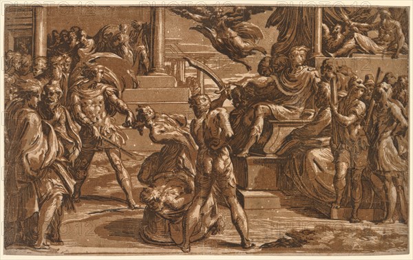 The Martyrdom of St. Peter and St. Paul, c. 1527-1530/1531. Antonio da Trento (Italian, c. 1508-c. 1550), after Parmigianino (Italian, 1503-1540). Chiaroscuro woodcut (in two shades of brown and black); sheet: 29.6 x 47.9 cm (11 5/8 x 18 7/8 in.); image: 29.2 x 47.5 cm (11 1/2 x 18 11/16 in.)