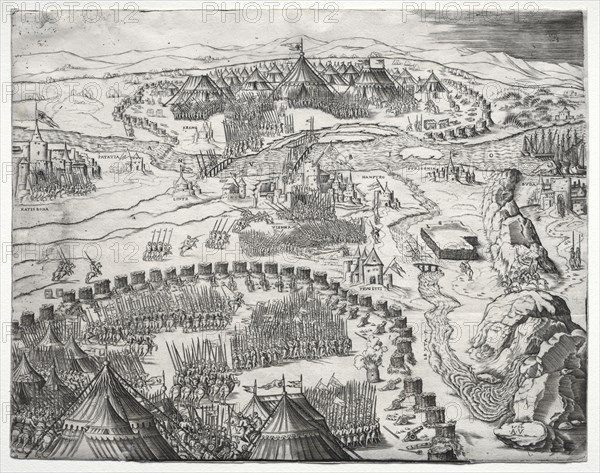 The Position and Camp of the Armies of Charles V and Soliman II, 1532. Agostino Musi (Italian, 1490-1540). Engraving