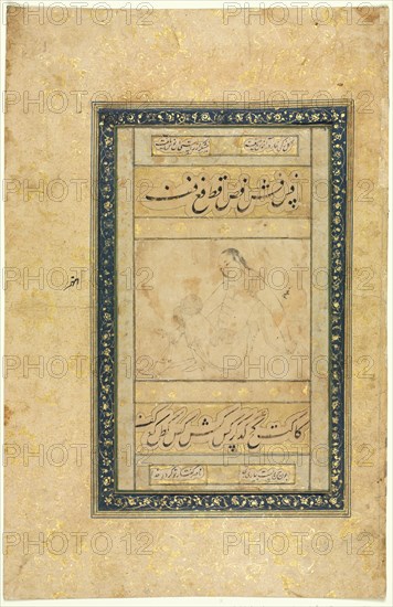 Sketch of a Young Man, single page; Illustration and Text (Persian verses), 1630-1650. Iran, Isfahan, Safavid Period, 17th century. Opaque watercolor, ink and gold on paper; sheet: 34.6 x 22.5 cm (13 5/8 x 8 7/8 in.); image: 21.2 x 12.5 cm (8 3/8 x 4 15/16 in.).