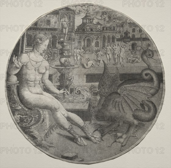Naked Woman and a Dragon, 1523. Allaert Claesz (Netherlandish, fl. 1508-1534). Engraving; sheet: 23.5 cm (9 1/4 in.)