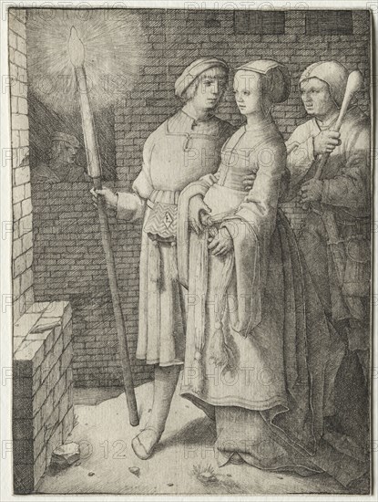 The Man with the Torch and a Woman Followed by a Fool, c. 1508. Lucas van Leyden (Dutch, 1494-1533). Engraving