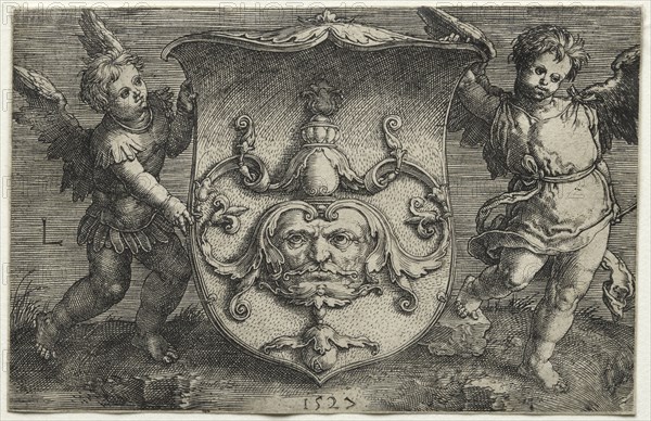 A Shield Bearing a Mask Supported by Two Genii, 1527. Lucas van Leyden (Dutch, 1494-1533). Engraving