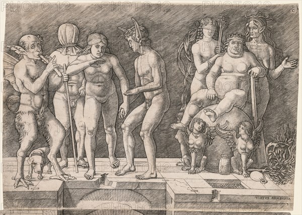 Allegory of the Fall of Ignorant Humanity: Virtus Combusta, c. 1500-1505. Giovanni Antonio da Brescia (Italian), after Andrea Mantegna (Italian, 1431-1506). Engraving printed on two sheets