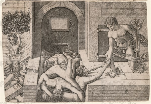 Allegory of the Rescue of Humanity: Virtus Deserta, c. 1500-1505. Giovanni Antonio da Brescia (Italian), after Andrea Mantegna (Italian, 1431-1506). Engraving printed on two sheets
