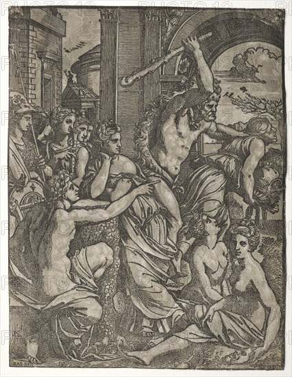 Hercules Driving Envy from the Temple of the Muses, 1522-24. Ugo da Carpi (Italian, c. 1479-c. 1532), after Balthasar Peruzzi (Italian, 1481-1536). Chiaroscuro woodcut (in black and gray); sheet: 29.5 x 22.5 cm (11 5/8 x 8 7/8 in.)