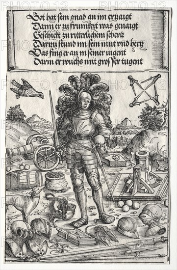 The Triumphal Arch of Maximilian I:  Emperor Maximilian as Patron of Improvements in Artillery and Armor, 1515–17. Wolf Traut (German, c. 1486-1520). Woodcut