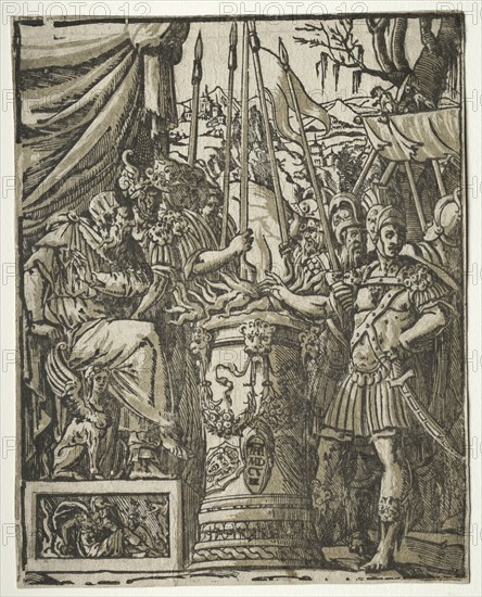 Mucius Scaevola, 1608. After Andrea Andreani (Italian, about 1558–1610), after Balthasar Peruzzi (Italian, 1481-1536). Chiaroscuro woodcut