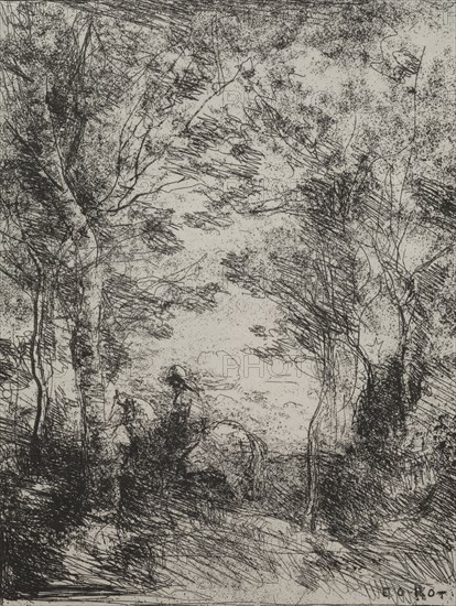 Horseman in the Woods, original impression 1854, printed in 1921. Jean Baptiste Camille Corot (French, 1796-1875), M. Le Garrec. Cliché-verre; sheet: 21.4 x 16.8 cm (8 7/16 x 6 5/8 in.); image: 19.9 x 15 cm (7 13/16 x 5 7/8 in.).