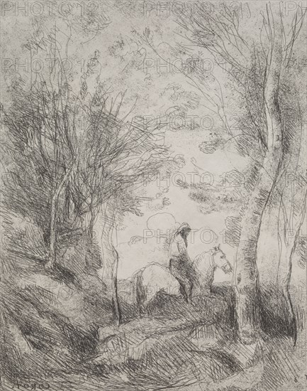 The Great Cavalier in the Wood, original impression 1854, printed in 1921. Jean Baptiste Camille Corot (French, 1796-1875). Cliché-verre; sheet: 30.3 x 24.1 cm (11 15/16 x 9 1/2 in.); image: 28.6 x 22.3 cm (11 1/4 x 8 3/4 in.)