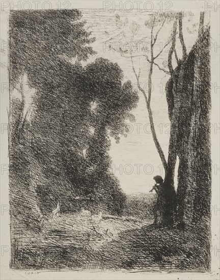 The Little Shepherd, original impression 1855, printed in 1921. Jean Baptiste Camille Corot (French, 1796-1875). Cliché-verre; sheet: 36.3 x 28.5 cm (14 5/16 x 11 1/4 in.); image: 33.5 x 25.5 cm (13 3/16 x 10 1/16 in.).