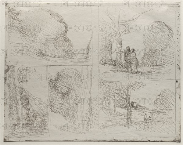 The Garden of Pericles; The Painter's Lane; Scrawl; The Large Woodcutter; The Tower of Henry VIII, original impression 1856, printed in 1921. Jean Baptiste Camille Corot (French, 1796-1875). Cliché-verre; sheet: 28.5 x 36.4 cm (11 1/4 x 14 5/16 in.)
