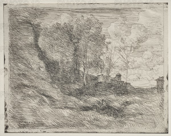 A Souvenir of Ostia, original impression 1855, printed in 1921. Jean Baptiste Camille Corot (French, 1796-1875). Cliché-verre; sheet: 28.9 x 36.4 cm (11 3/8 x 14 5/16 in.); image: 27.2 x 34.5 cm (10 11/16 x 13 9/16 in.).