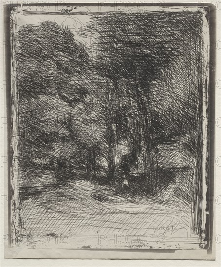 A Souvenir of the Bas-Bréau, original impression 1858, printed in 1921. Jean Baptiste Camille Corot (French, 1796-1875). Cliché-verre; sheet: 21 x 17.3 cm (8 1/4 x 6 13/16 in.); image: 19.4 x 16.3 cm (7 5/8 x 6 7/16 in.)
