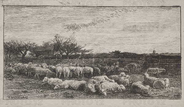 This composition also appears in an etching of the same title from 1860 (Delteil 95), and an oil painting shown at the Salon of 1861.: The Large Sheepfold, original impression 1862, printed in 1921. Charles François Daubigny (French, 1817-1878). Cliché-verre; sheet: 28.4 x 36.3 cm (11 3/16 x 14 5/16 in.).