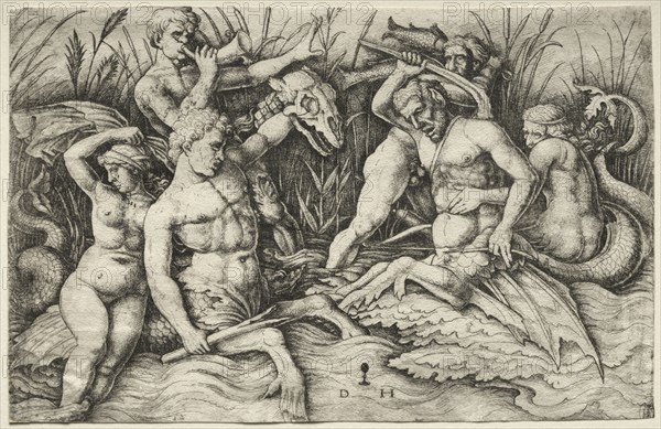 Two Tritons fighting - Battle of the Sea Gods (right portion). Daniel I Hopfer (German, c. 1470-1536), copy after Andrea Mantegna (Italian, 1431-1506). Etching