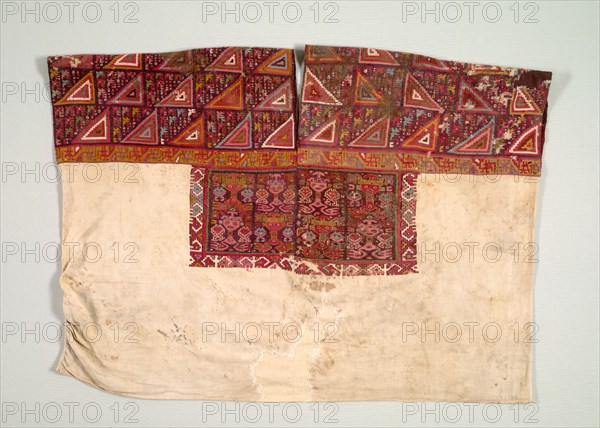 Tunic (Shirt) with Tapestry-woven Yoke, 650-850. Central Andes, Northern Central Coast. Camelid fiber and cotton; tapestry-weave yoke and chest plaque, plain-weave body; overall: 76.2 x 108 cm (30 x 42 1/2 in.)