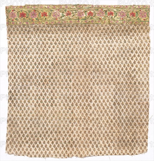 Fragment of a Draped Garment worn by Members of Court for Festive Occasions, late 1700s or early 1800s. India, late 18th or early 19th century. Block printed and painted with pigments and gold leaf on cotton; overall: 28.3 x 27.3 cm (11 1/8 x 10 3/4 in.)