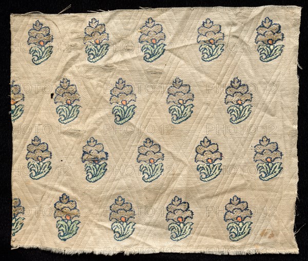Fragment, 1800s. India, 19th century. Brocade; ecru cotton ground, silk and metal thread; overall: 14.6 x 17.2 cm (5 3/4 x 6 3/4 in.).