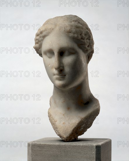 Head of Aphrodite, 325-100 BC. Greece, Style of late 4th - 2nd Century BC. Marble; overall: 27.5 cm (10 13/16 in.).