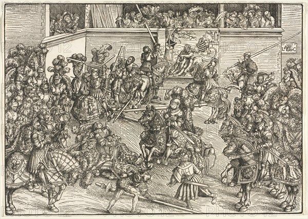The Second Tournament with the Tapestry of Sampson and the Lion, 1509. Lucas Cranach (German, 1472-1553). Woodcut; sheet: 30 x 42 cm (11 13/16 x 16 9/16 in.); image: 29.7 x 41.7 cm (11 11/16 x 16 7/16 in.).