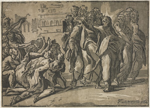 Christ Healing the Lepers, 1608. Guiseppe Rossigliani (Italian, c. 1510-), after Parmigianino (Italian, 1503-1540). Chiaroscuro woodcut (in two shades of gray and black); sheet: 29.8 x 41.8 cm (11 3/4 x 16 7/16 in.)