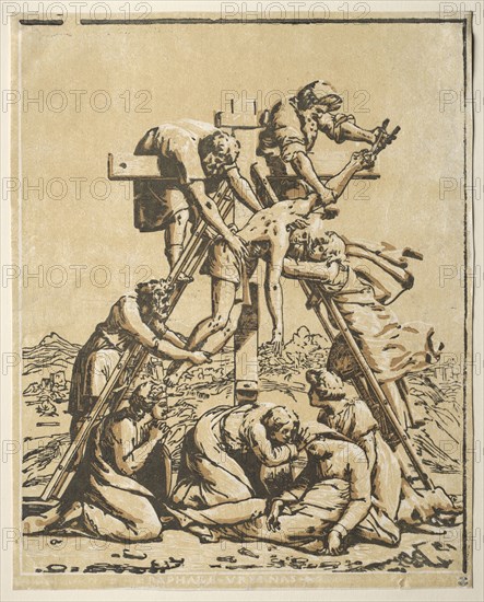 Descent from the Cross. Ugo da Carpi (Italian, c. 1479-c. 1532), after Raphael (Italian, 1483-1520). Chiaroscuro woodcut