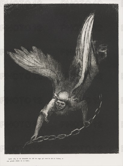 The Apocalypse of Saint John:  And I saw an Angel come down from Heaven, having the Key of the bottomless Pit and a great chain in his Hand, 1899. Odilon Redon (French, 1840-1916). Lithograph
