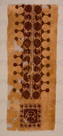 Neck and Shoulder Decoration from a Tunic, late 400s - 500s. Egypt, Byzantine period, late 5th - 6th century. Plain weave with slit-tapestry weave and supplementary weft wrapping; dyed wool, undyed linen; overall: 14.3 x 35.6 cm (5 5/8 x 14 in.)
