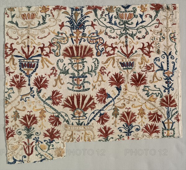 Fragment of a Bed Curtain, 1700s. Greece, Crete, 18th century. Embroidery: silk on linen tabby ground; overall: 36.5 x 40 cm (14 3/8 x 15 3/4 in.).