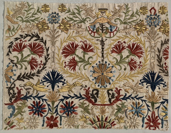 Fragment of a Bed Curtain, 1600s - 1700s. Greece, Crete, 17th-18th century. Embroidery: silk on linen tabby ground; overall: 47 x 36.2 cm (18 1/2 x 14 1/4 in.)