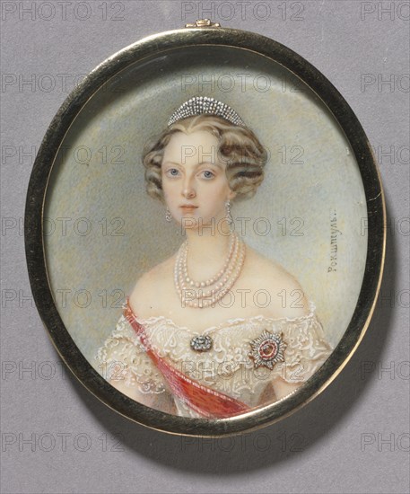 Portrait of a Woman, probably Princess Cecilie of Baden, Grand Duchess Olga Feodorovna, c. 1860. Alois Gustav Rockstuhl (Russian, 1798-1877). Watercolor on ivory in a gilt metal mount; framed: 5.5 x 4.8 cm (2 3/16 x 1 7/8 in.); unframed: 5.1 x 4.5 cm (2 x 1 3/4 in.)